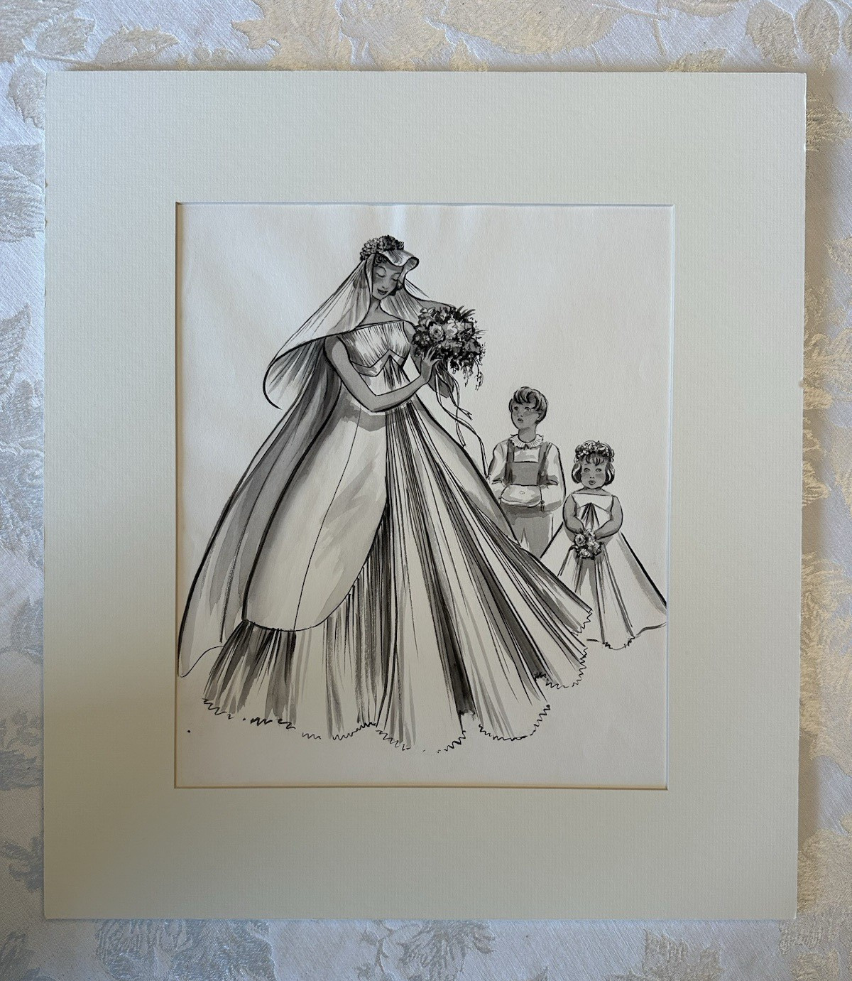 1965 Women WEDDING GOWN Bridal Dress Vtg Orig WC Fashion illustration Art Signed