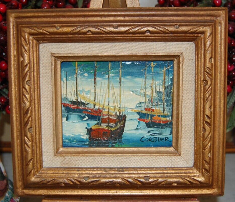FRAMED SMALL VTG ORIGINAL IMPRESSIONIST OIL FISHING BOATS MARINA ARTIST: CORBIER