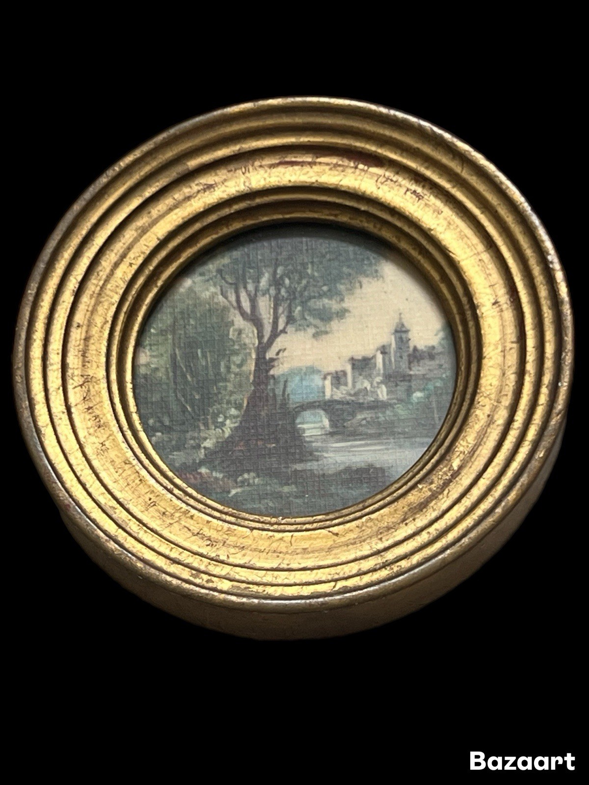 1~Vtg Italian Florentine Giltwood Ornate Round Landscape Collotype Art 4.25”
