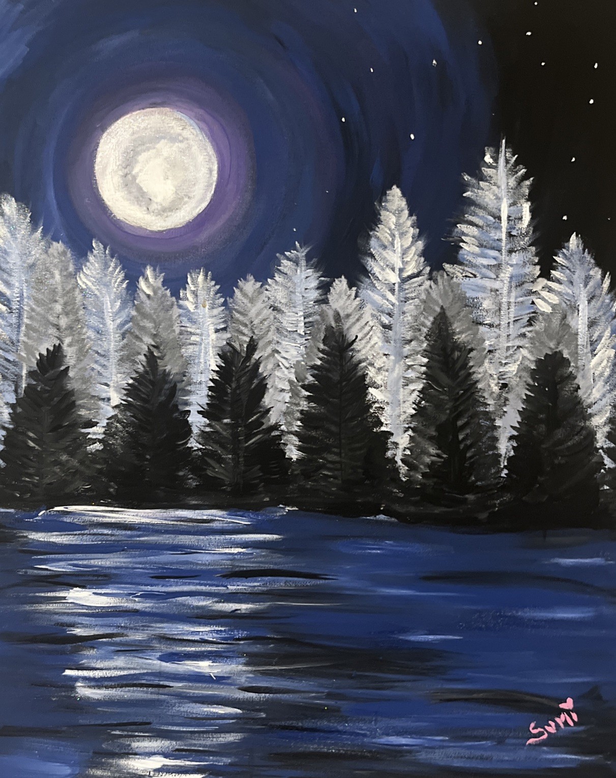 “Moon’s Reflections” (20”x16”) (Blue, White, Gray, Black)