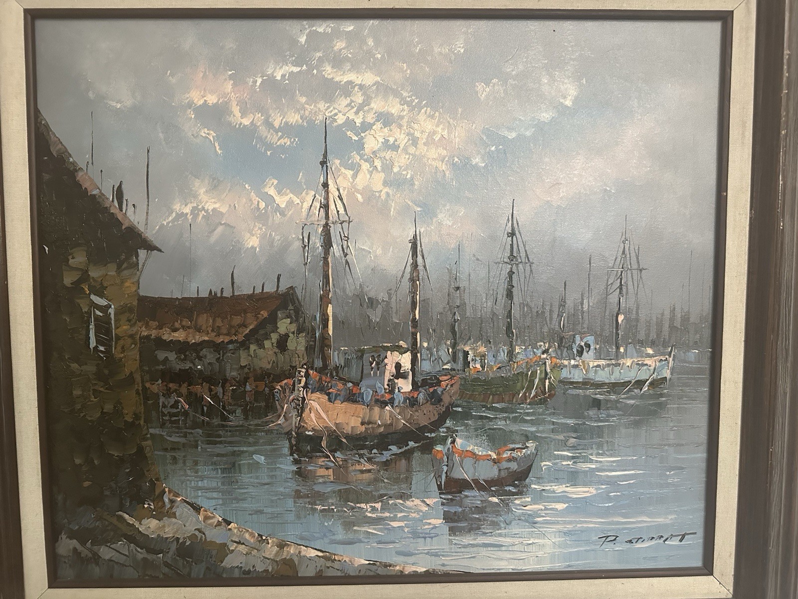 Vintage Paolo Stirrat Oil Painting of Fishing Boats Dock Harbor Nautical, Signed