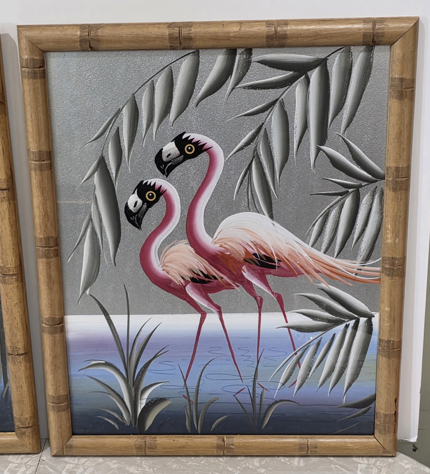 (x2) 1950s MCM Flamingos Original Silver Board Paintings Pair Bamboo Frames…
