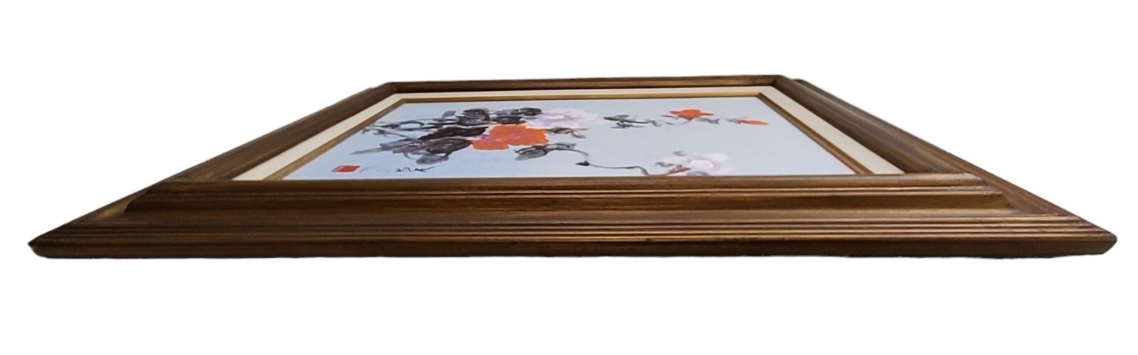 Vintage Original Asian Floral Flower Painting Red White Signed Framed 23×27