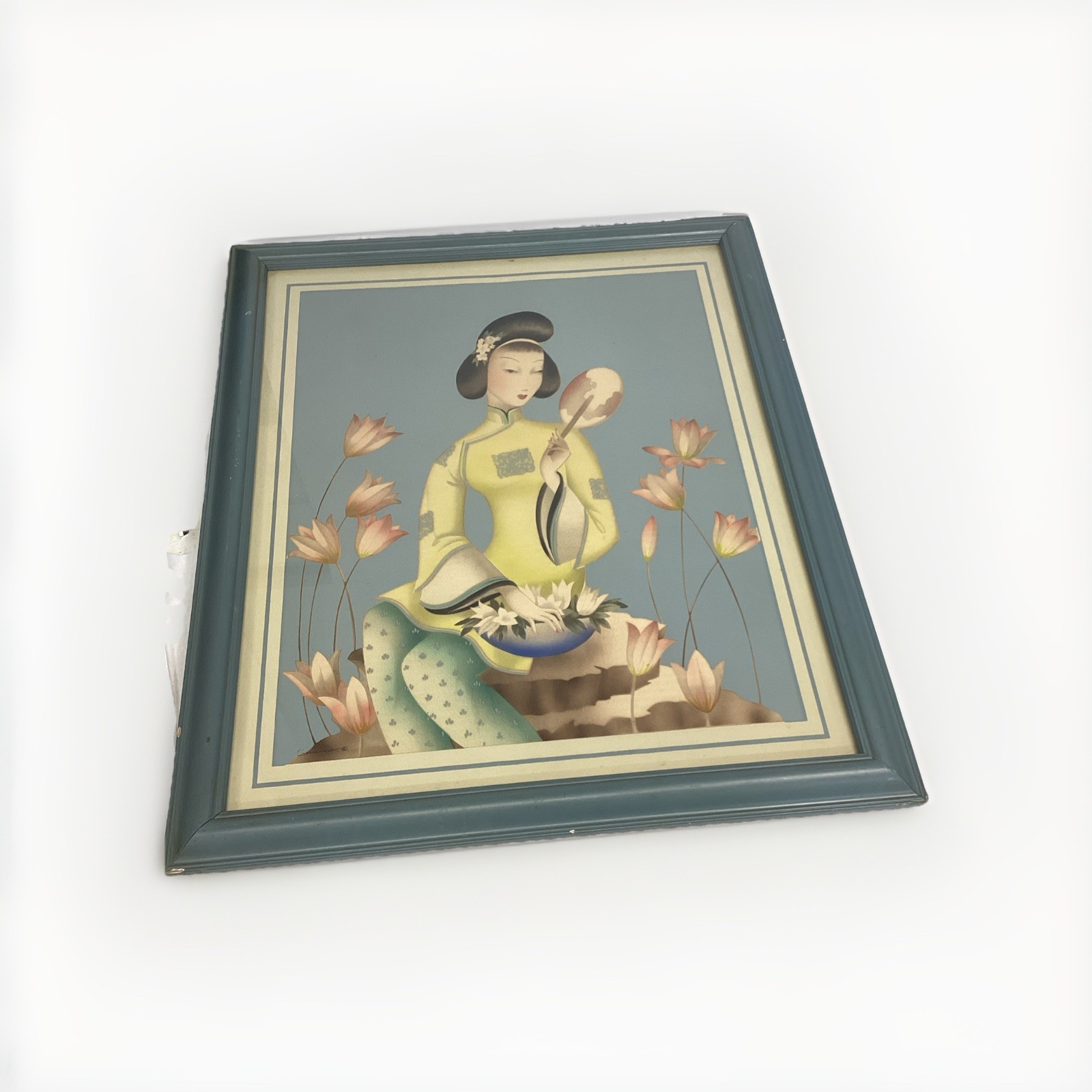 Vintage Framed Lithograph of a Sitting Asian Woman Among Lotus Flowers 24.5×20”