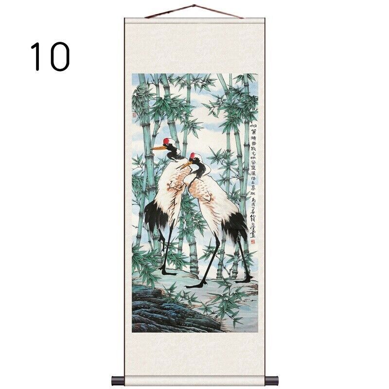 1PC Asian Silk Scroll Painting Crane Feng Shui Wall Hanging Artwork Framed