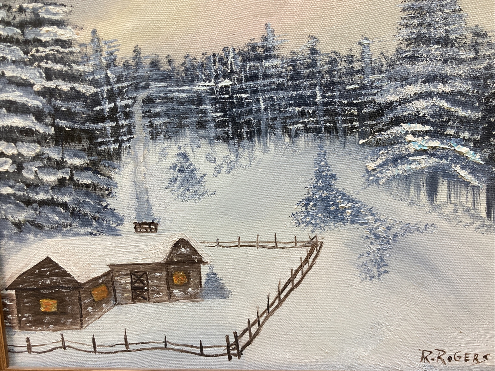 Naive Folk Art Original Oil on Canvas Charming Winter Cabin in a Snowy Landscape