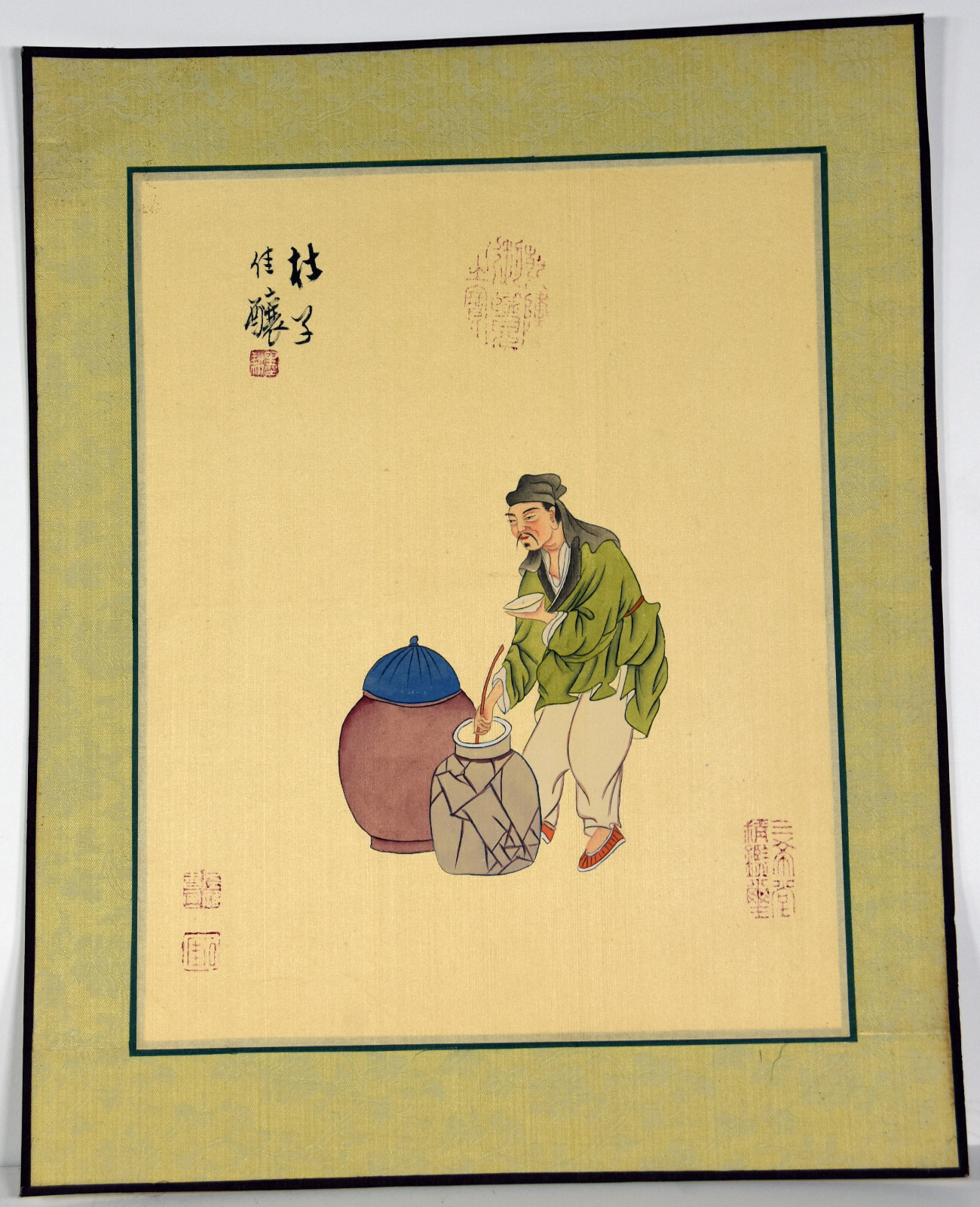 13″ Antique Chinese Watercolor Painting Old Man Selling Rice Asian Market Scene