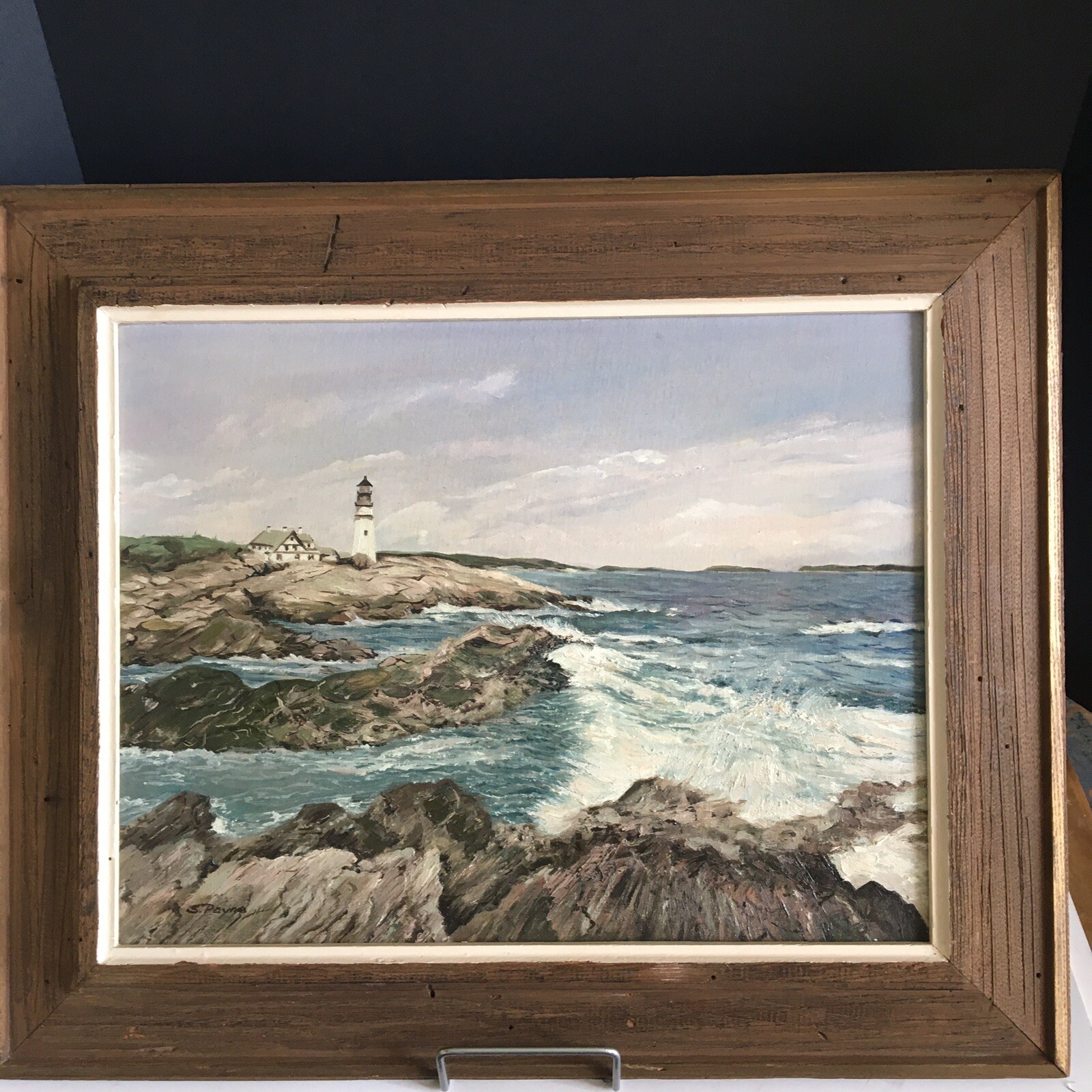 Original Seascape Lighthouse Painting Framed and Signed by Artist S Payne