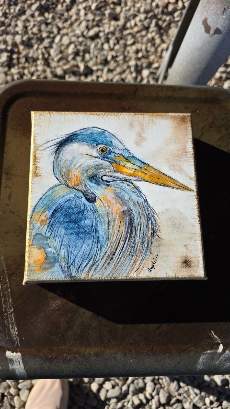 6×6 Original Impressionist Heron Painting Small watercolor on Canvas