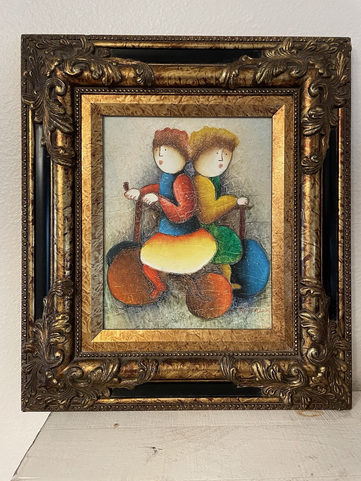 Vintage Oil Canvas Children Bicycles UK Artist Joyce Roybal Ornate Gold Frame
