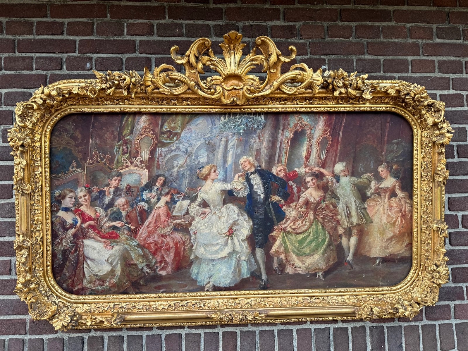 Framed Ballroom Scene Italian Baroque Rococo Gilt Wood Romantic Fabric Art