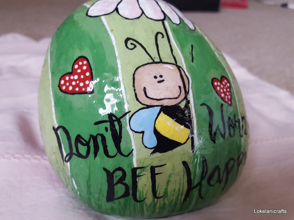 Hand Painted Rock DON’T WORRY BEE HAPPY 4.5″x4.5″ Paper Weight Acrylic OOAK