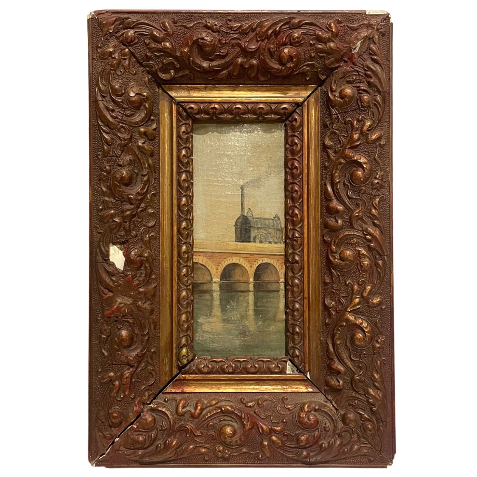 Antique 1900s French Impressionism Train Landscape Oil Painting Gesso Frame