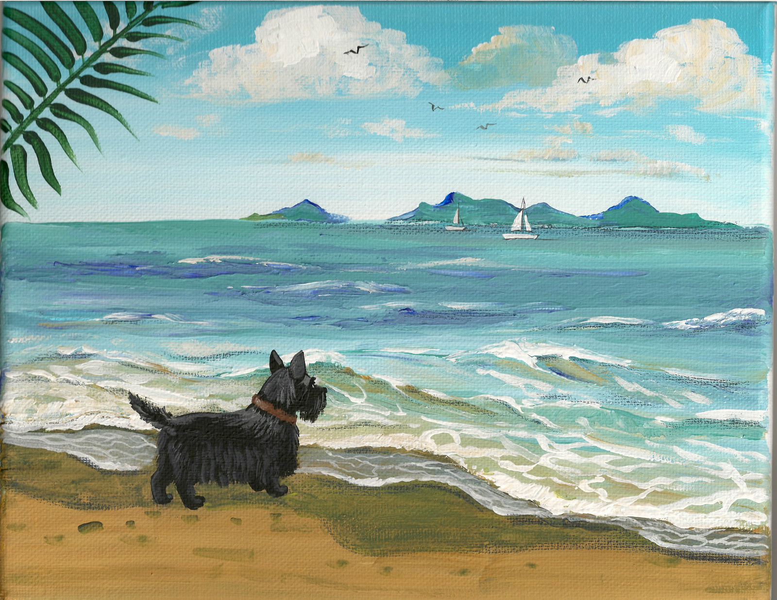 8X10 PRINT OF PAINTING RYTA SCOTTISH TERRIER BEACH SEA ART OCEAN BOAT folk dog