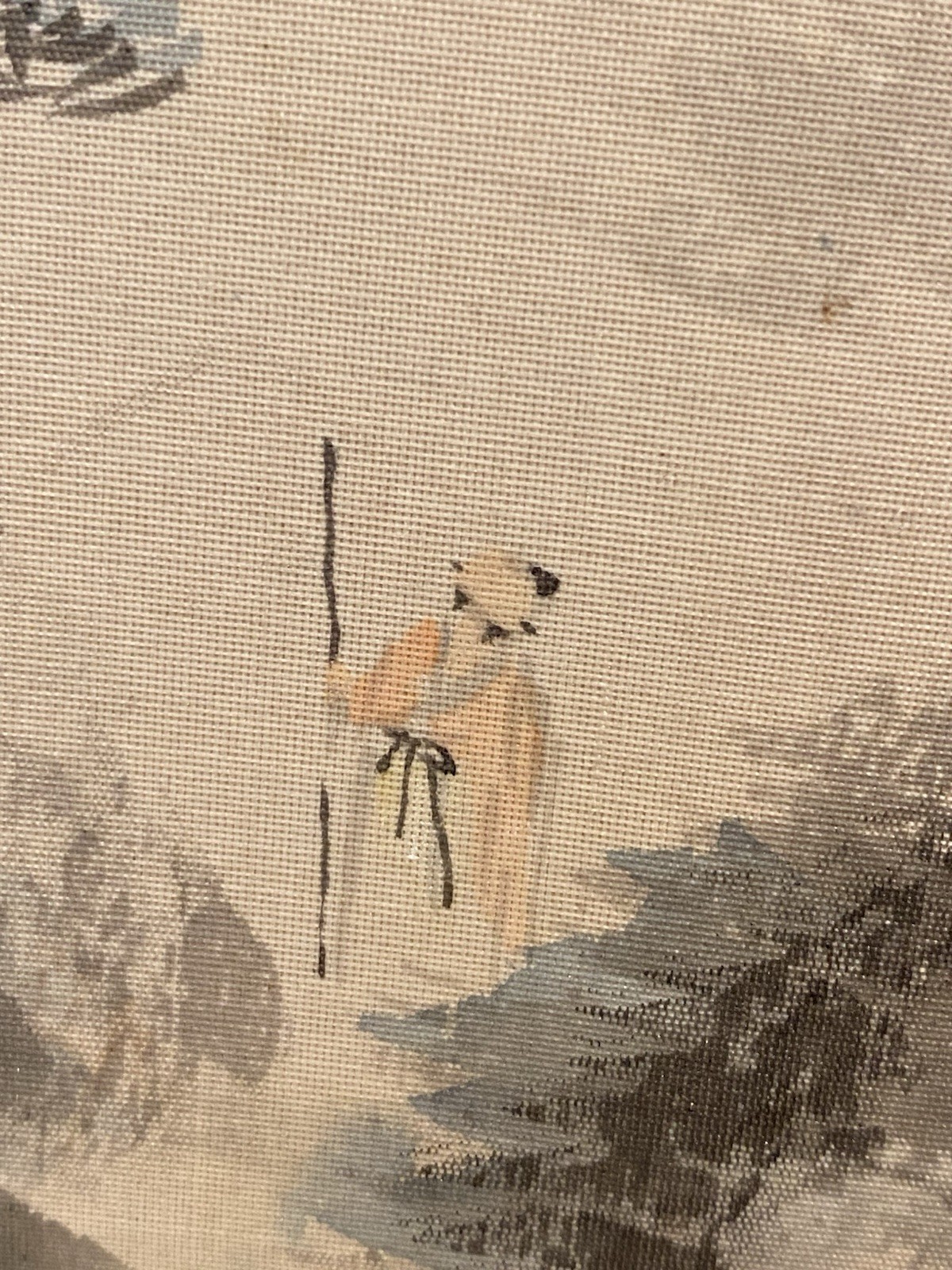 Hand Painted Chinese Landscape on Fabric w/ Two Seals Scholar Mountain Scene