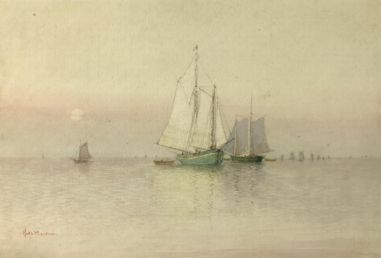 PAINTING Watercolor ~ LARGE SAILBOAT SEASCAPE ~ 1898 Date LISTED AMERICAN ARTIST