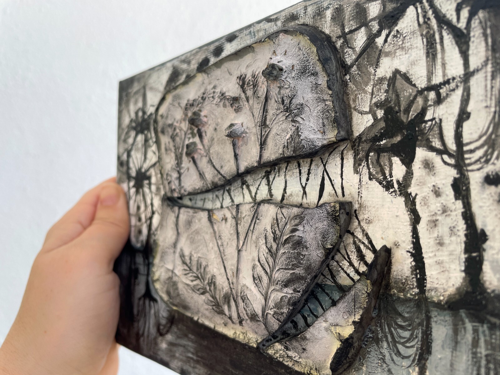 Broken life, conceptual artwork, mixed media painting, interior art, gray black