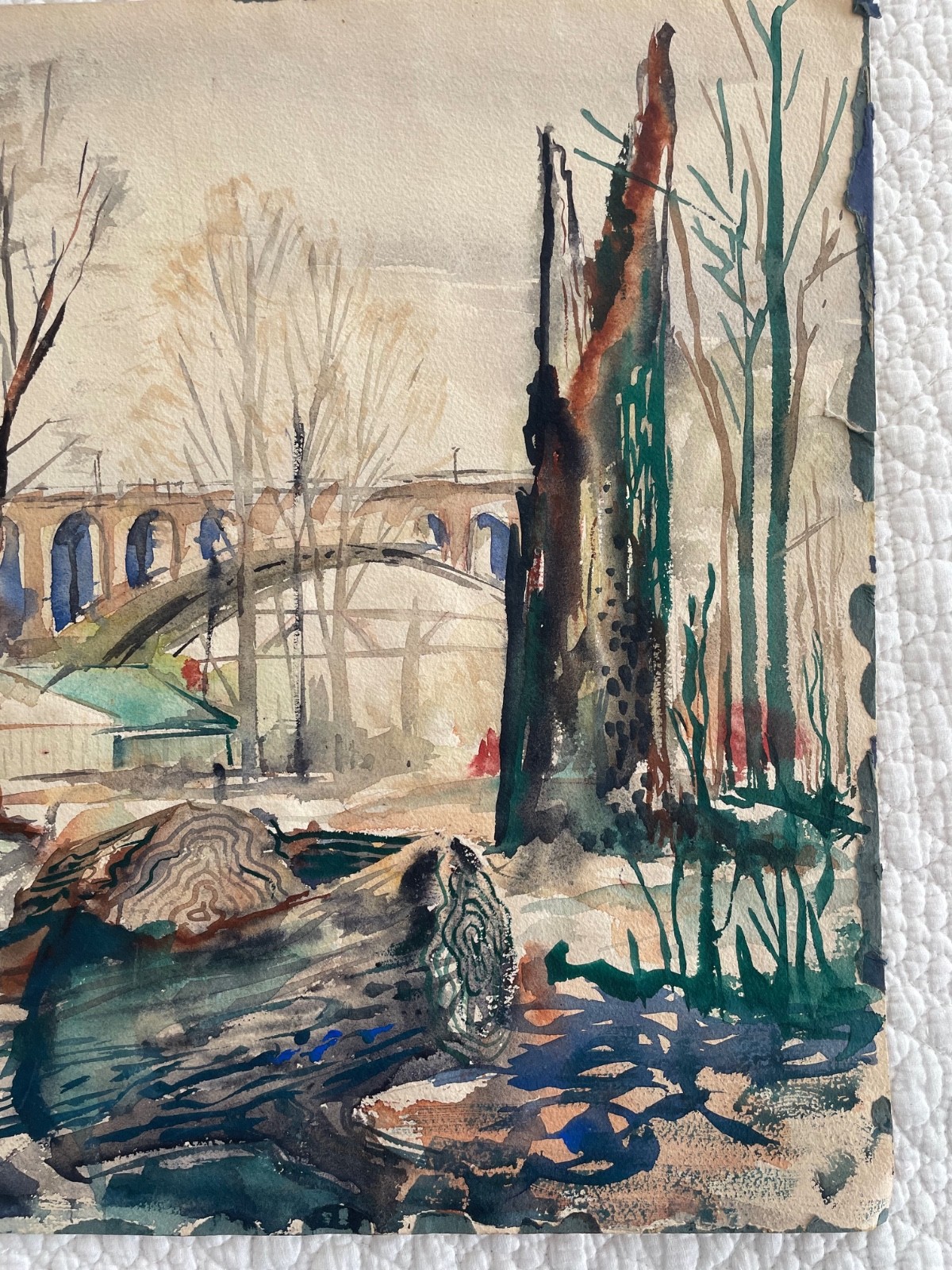 Vintage HAND PAINTED ART Bridge Trees Buildings Cleveland OH Bill Tiell