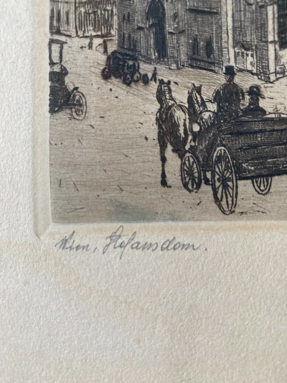 Stephansdom Vienna Austria Colored Etching Signed Antique Frame Carriage