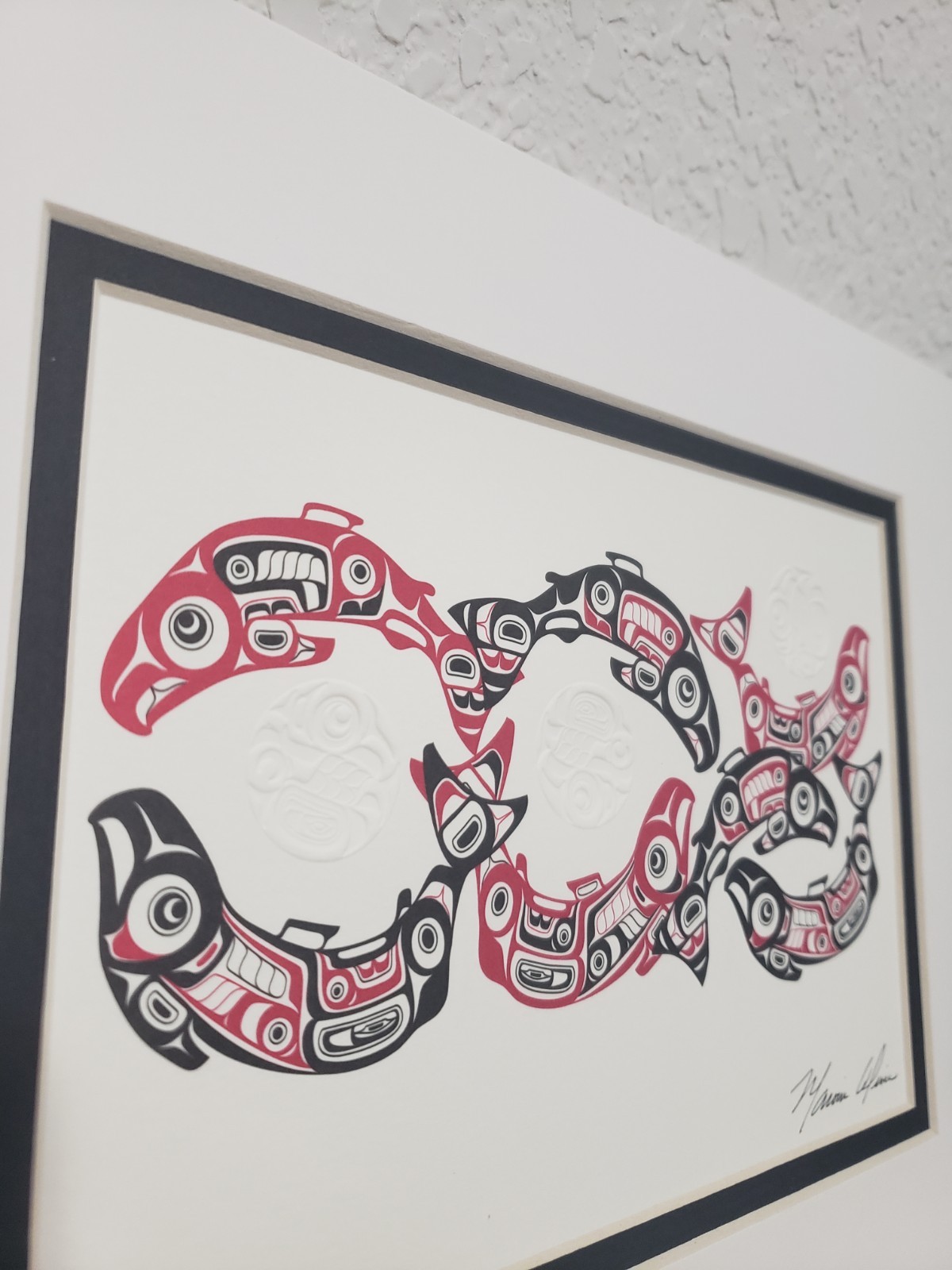 Marvin Oliver Embossed Print w/ Mat «Spawning Salmon» Native American Red 10″x8″