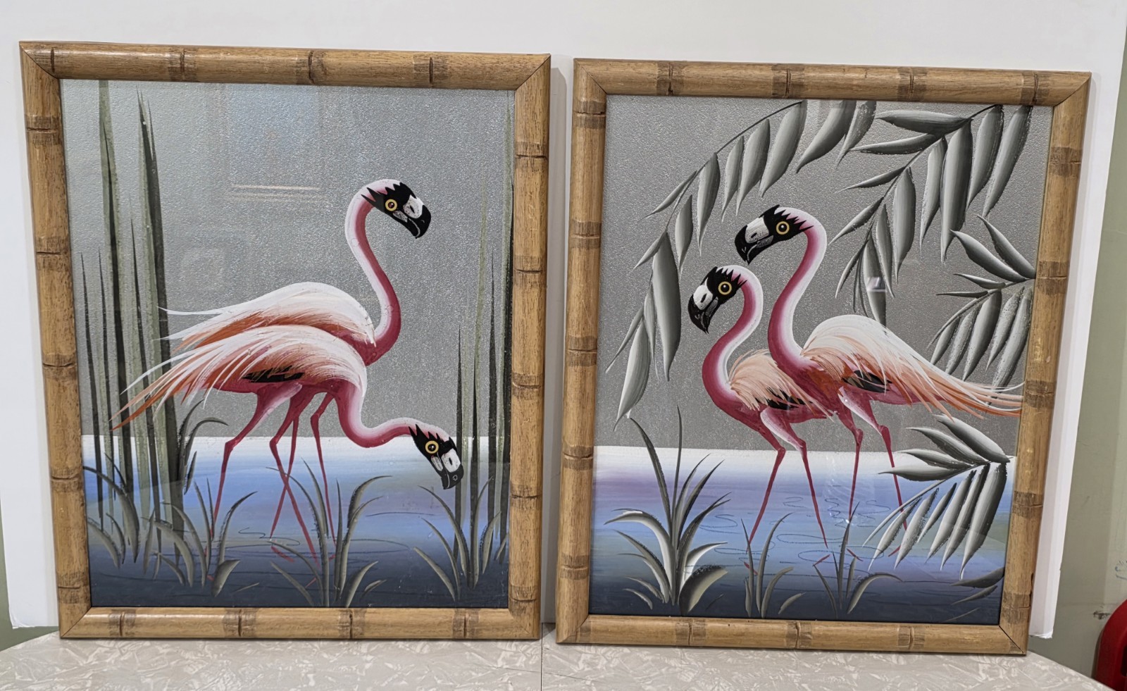 (x2) 1950s MCM Flamingos Original Silver Board Paintings Pair Bamboo Frames…