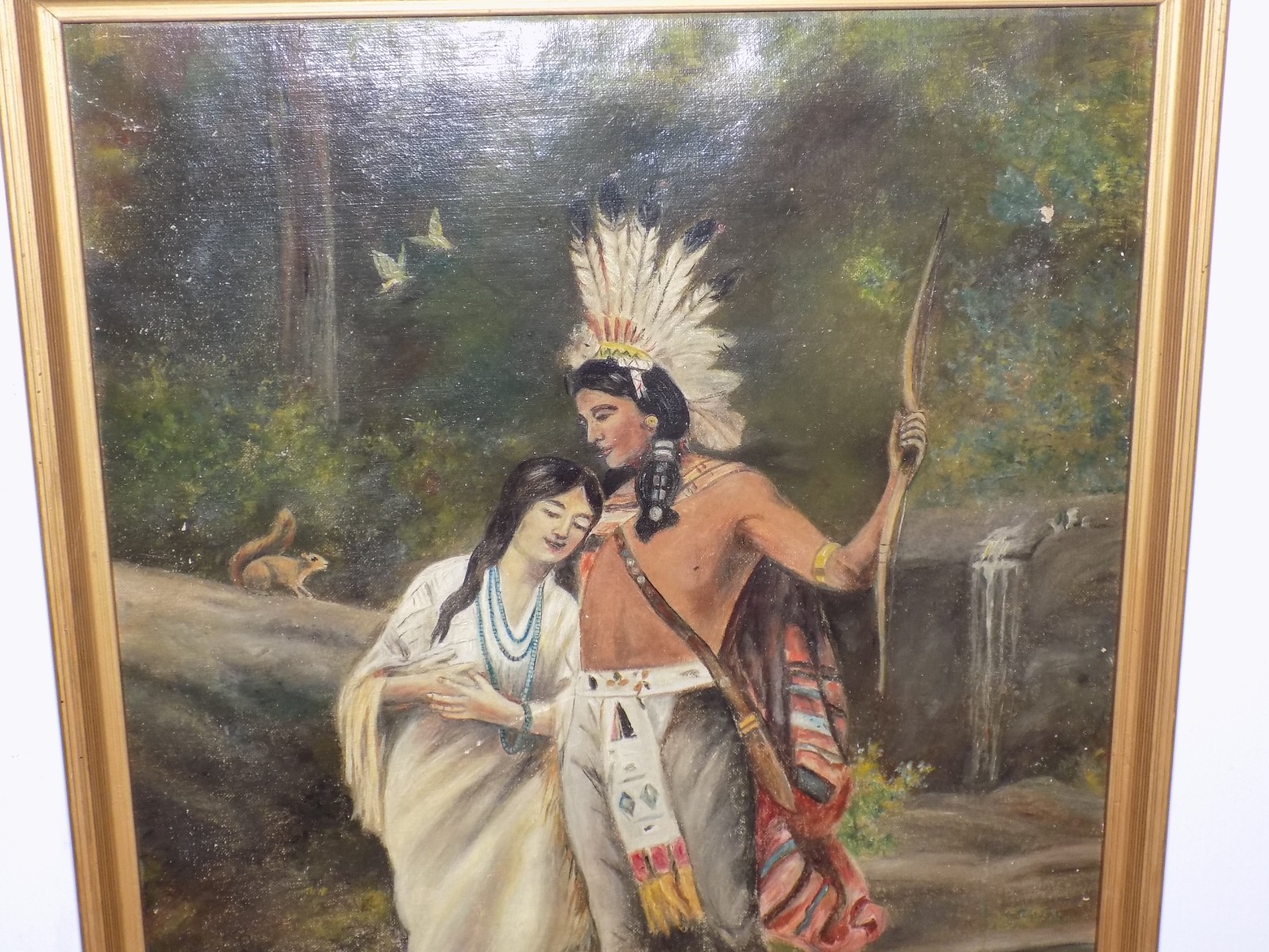 Vintage Hiawatha Indian Painting on Canvas in Frame