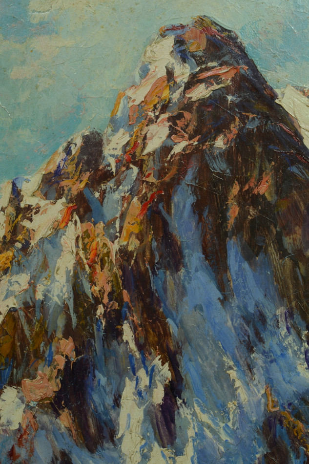 Painting Antique Hsp Landscape Mountain Summit Snowy Alps Signed Forest 1930
