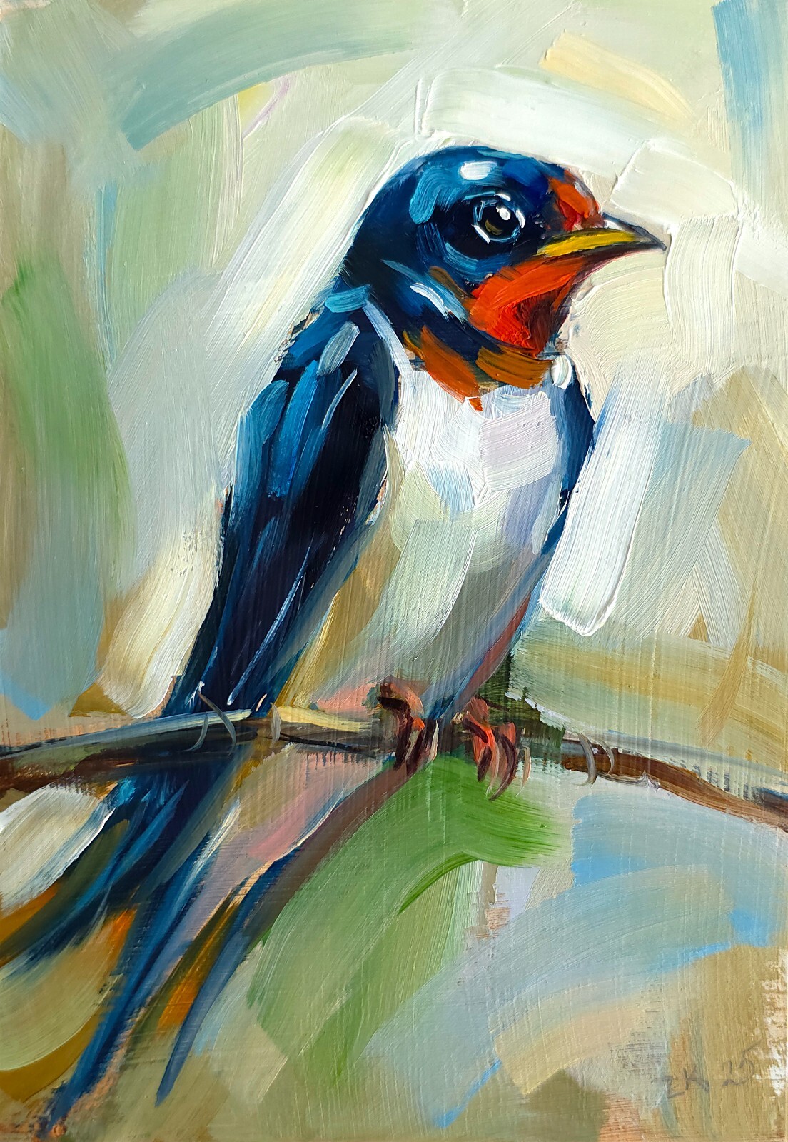 Original Oil Painting Bird on Branch Artwork Impressionism Swallow Wall Art