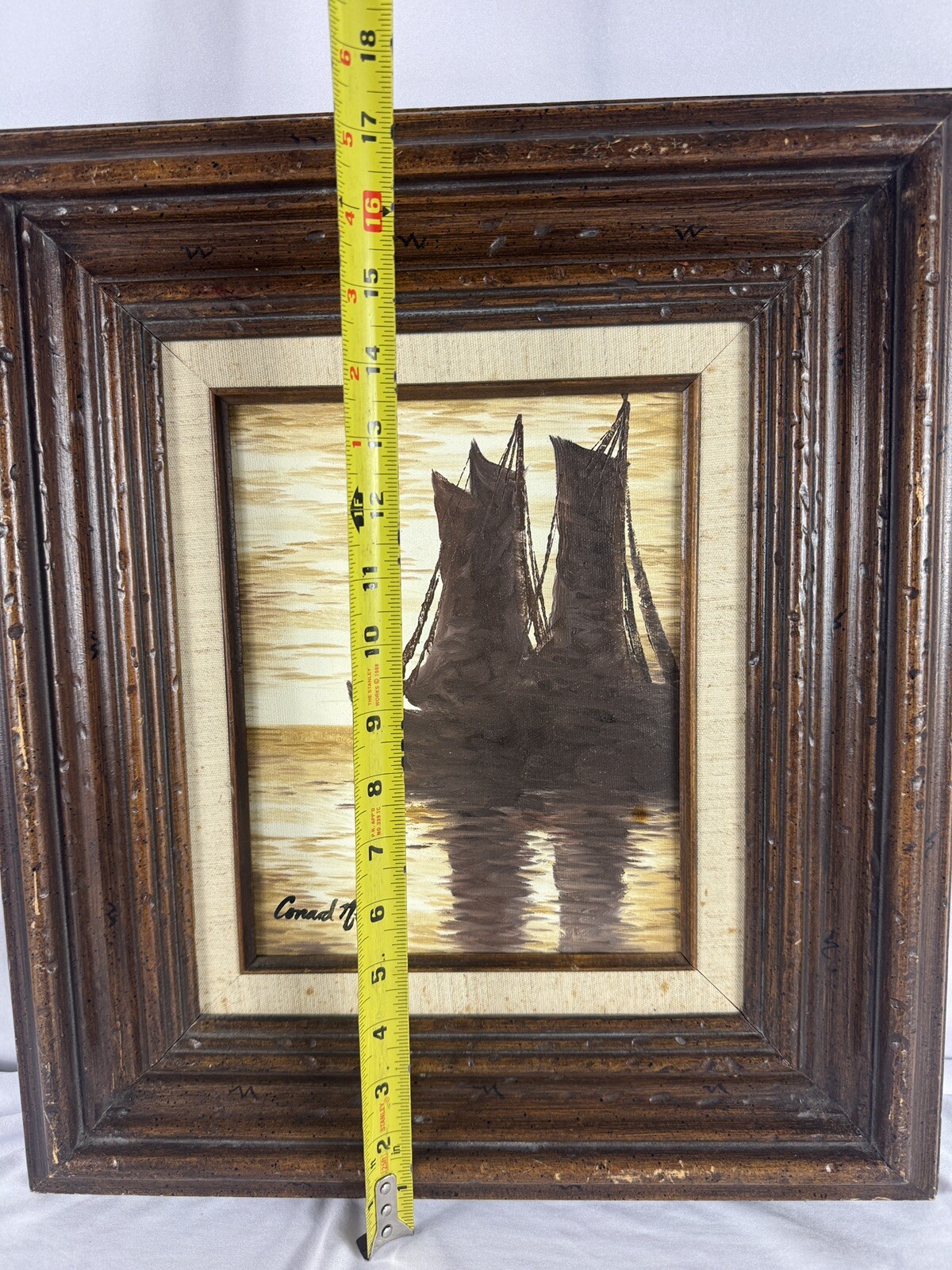 Signed Realist Impressionist Painting of Ships at Sea 15×17 Inches Framed Art