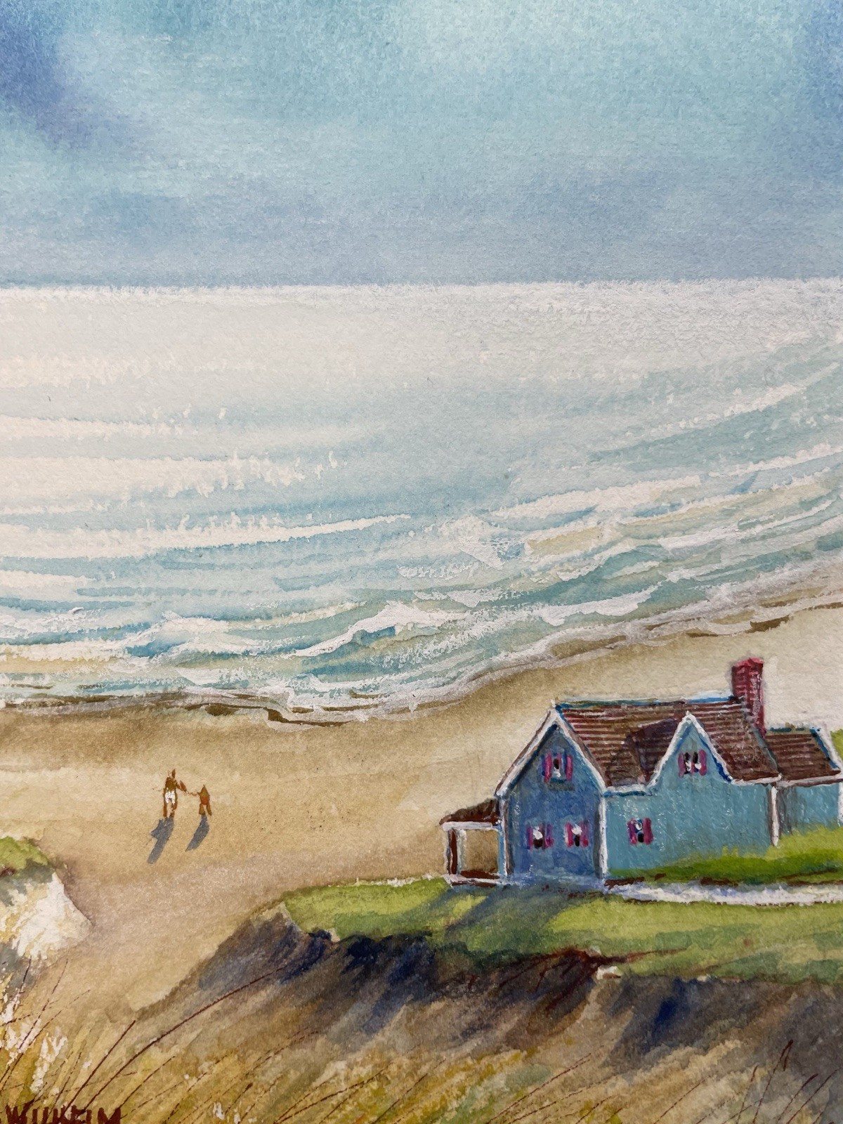 Original Pamela Wilhelm 5×7” Watercolor Matted To 8”x10” Beach House Stroll