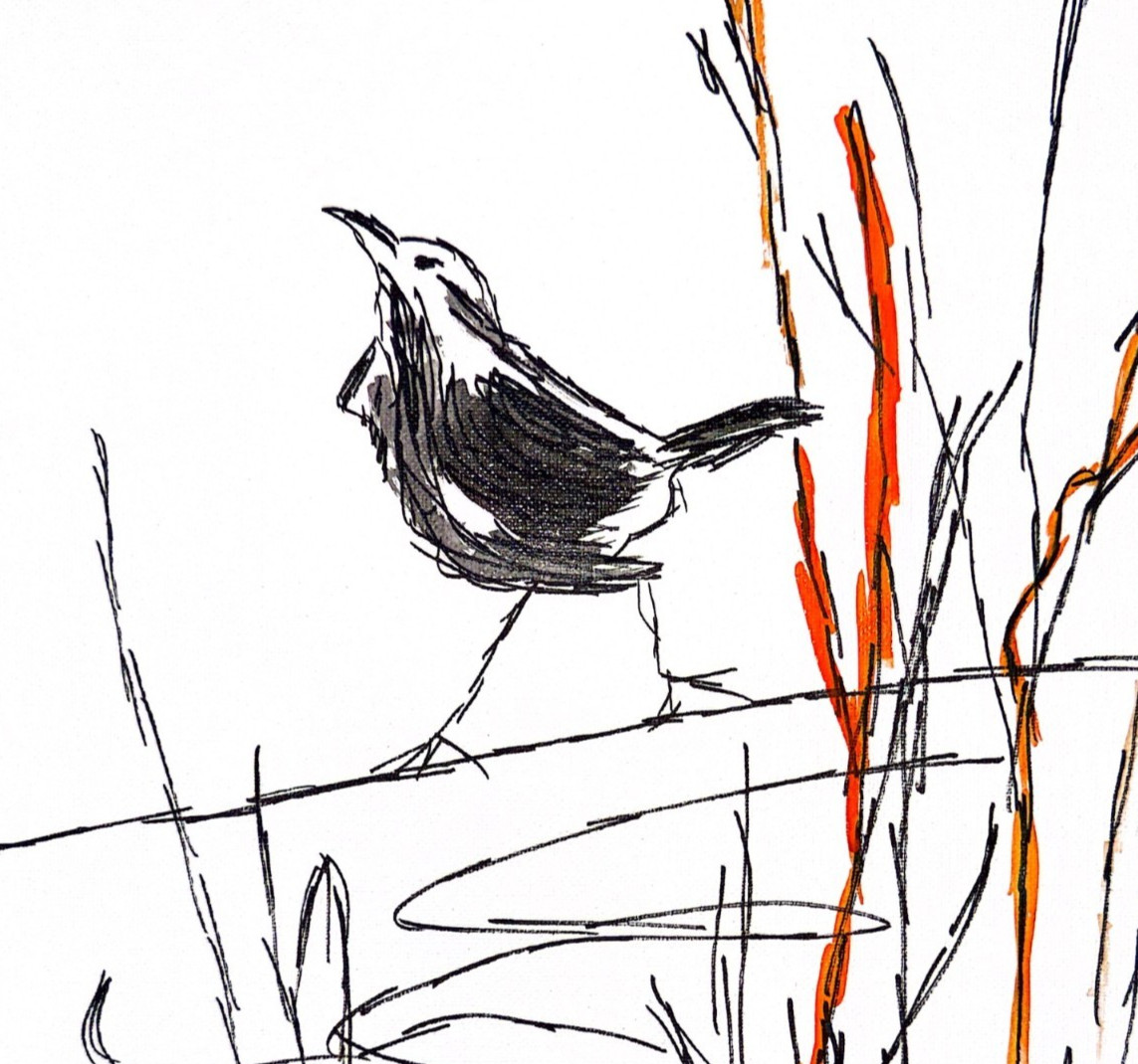Bird Painting 14×11 Minimalist Ink Expressionism Art Canvas Signed Home Decor