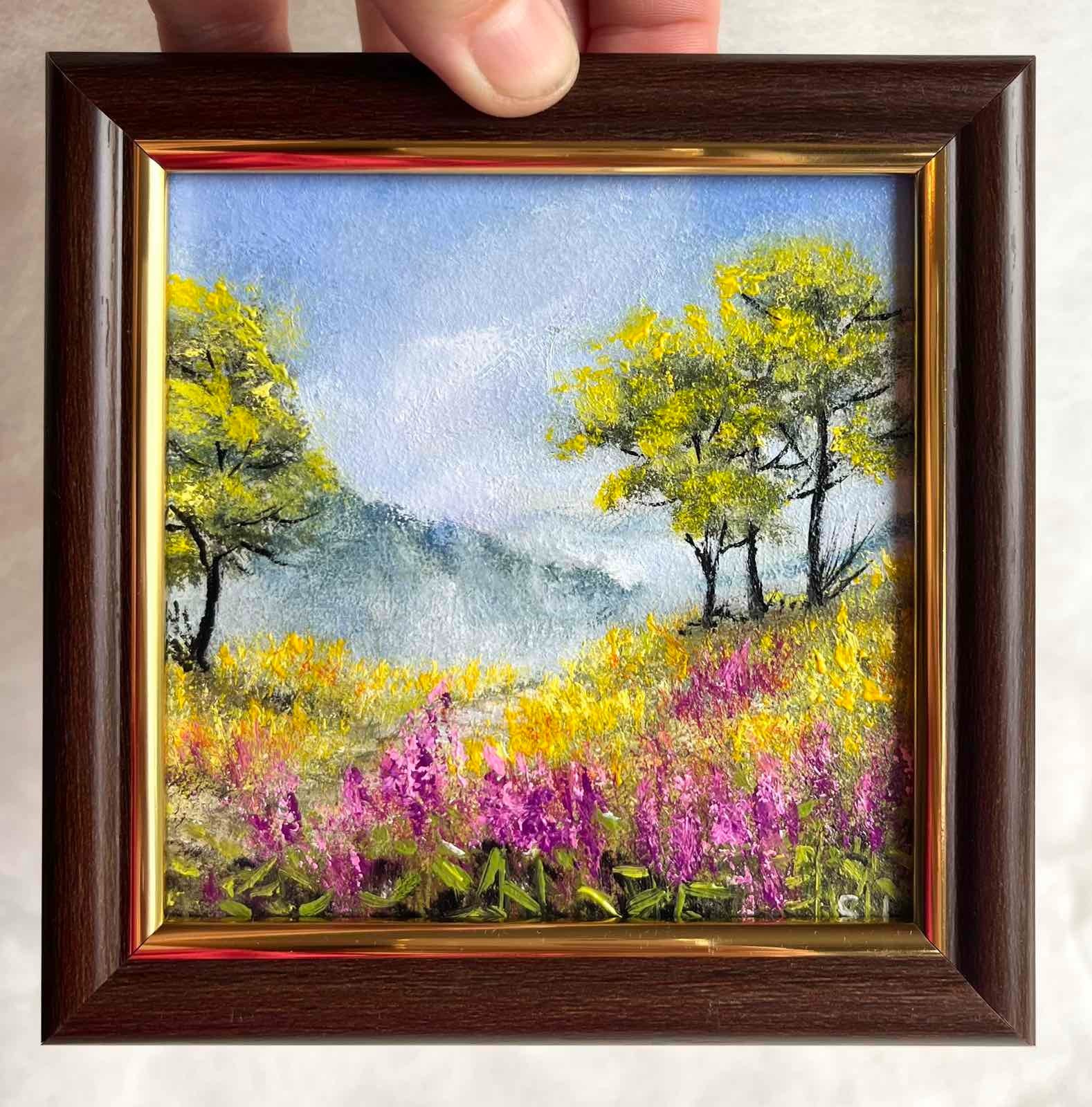 Original Oil Painting Mountain Landscape Meadow Flowers Small Wall Art 4 x 4 in