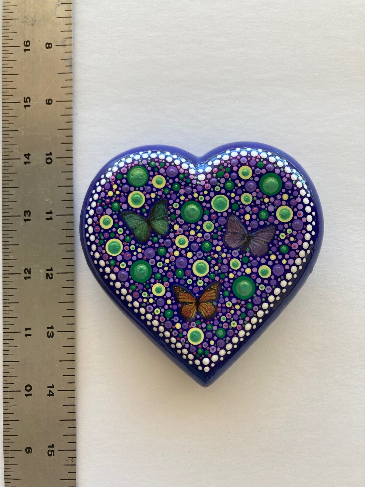 Butterfly Heart Dot Painted Rock in shades of Blue, Purple, Pink, Green, Yellow