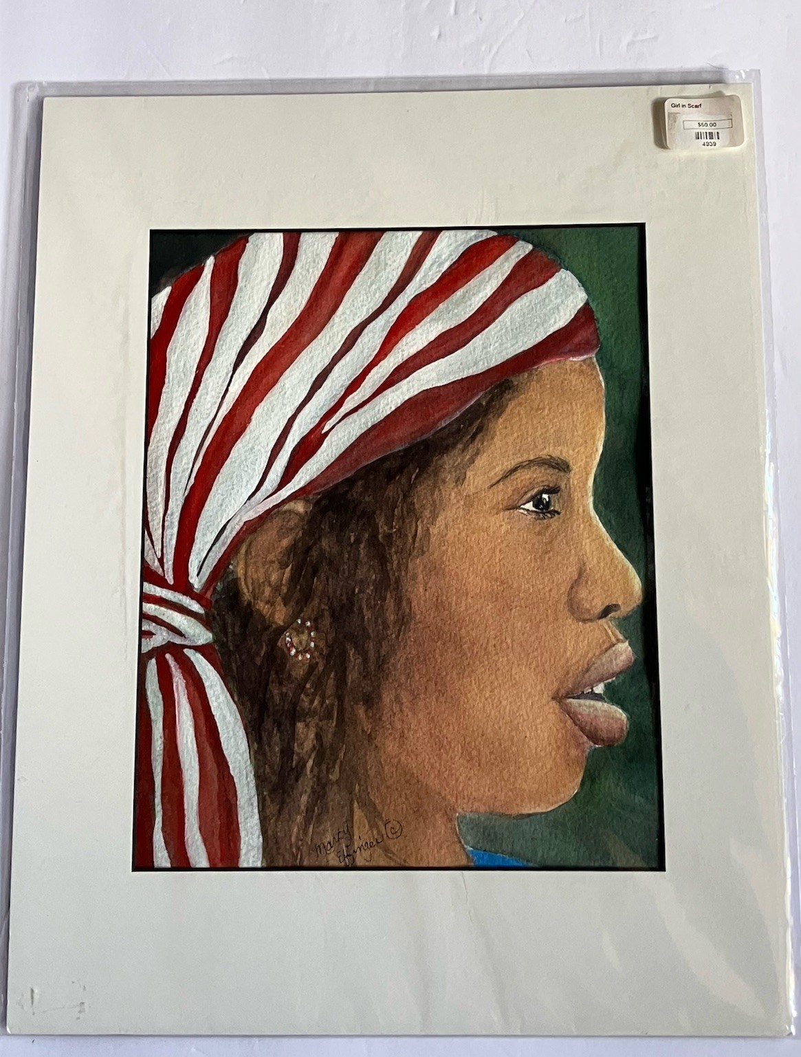 Watercolor Girl In Scarf Artist Signed Not Framed Marcy Effinger 14.5 X 11.25 In