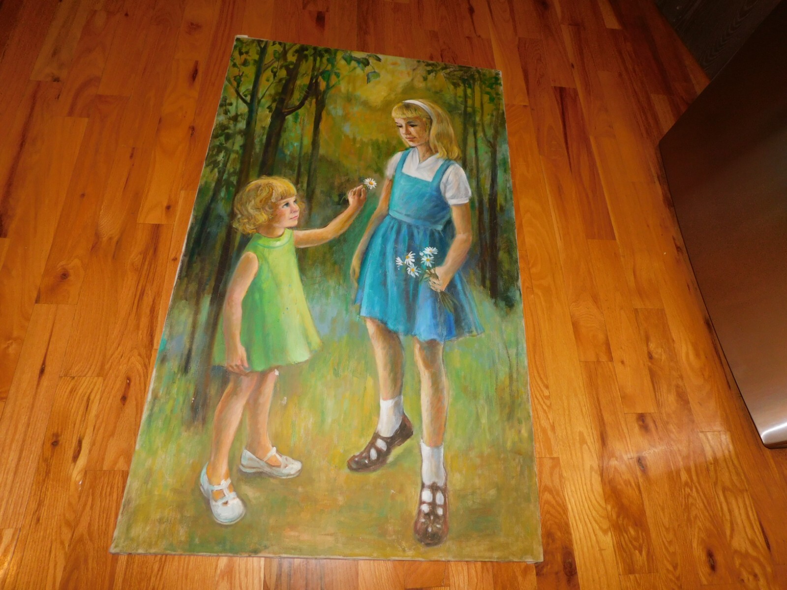 Original Oil Painting Little Girls Picking Daisies Vintage 30 x 50 inches Signed