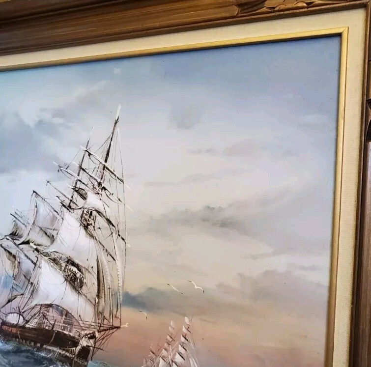 Vintage Signed Baille Seascape Oil Painting Tall Ship Nautical Framed