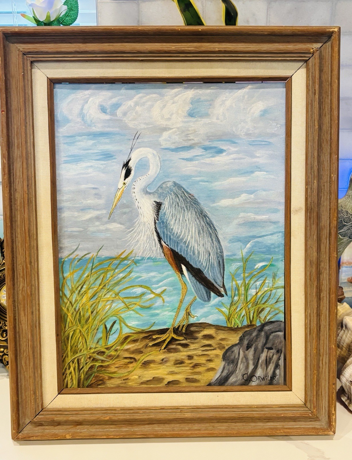 Original Oil on Canvas Painting of Whooping Crane 21×17” Signed Framed Beach