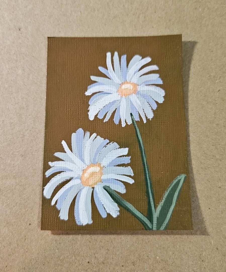 ACEO Two White Daisy Flowers Original Acrylic Painting Spring Daisies Signed