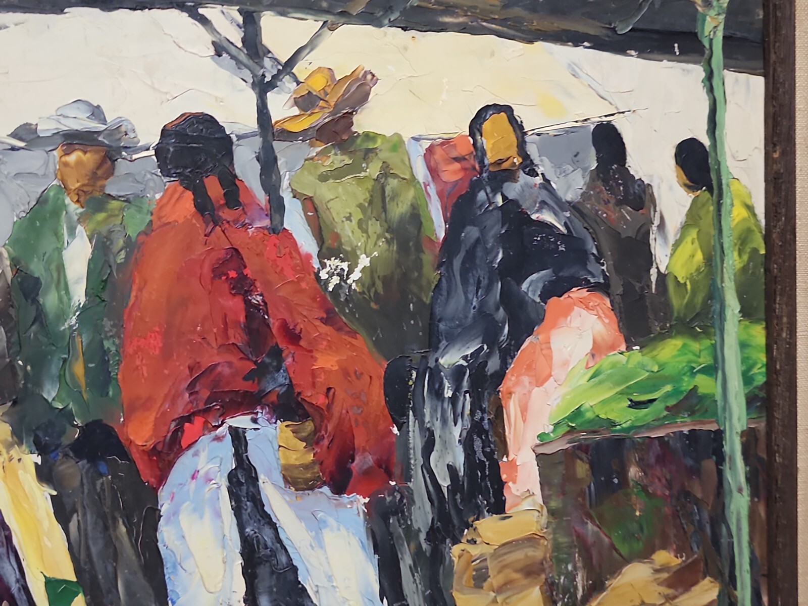 Modernist Mexican Painting Oil On Masonite Of Market Scene Signed Dates 1960