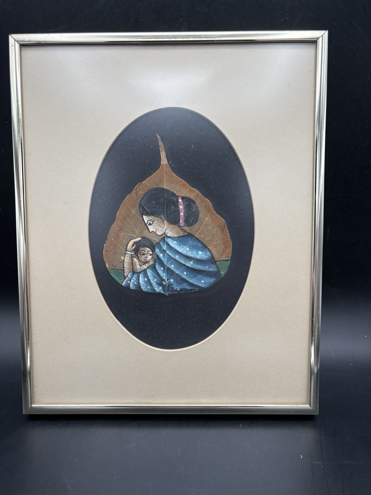 Hand Painted Framed Pipul Tree Leaf Art Mother And Child India 8 x 10