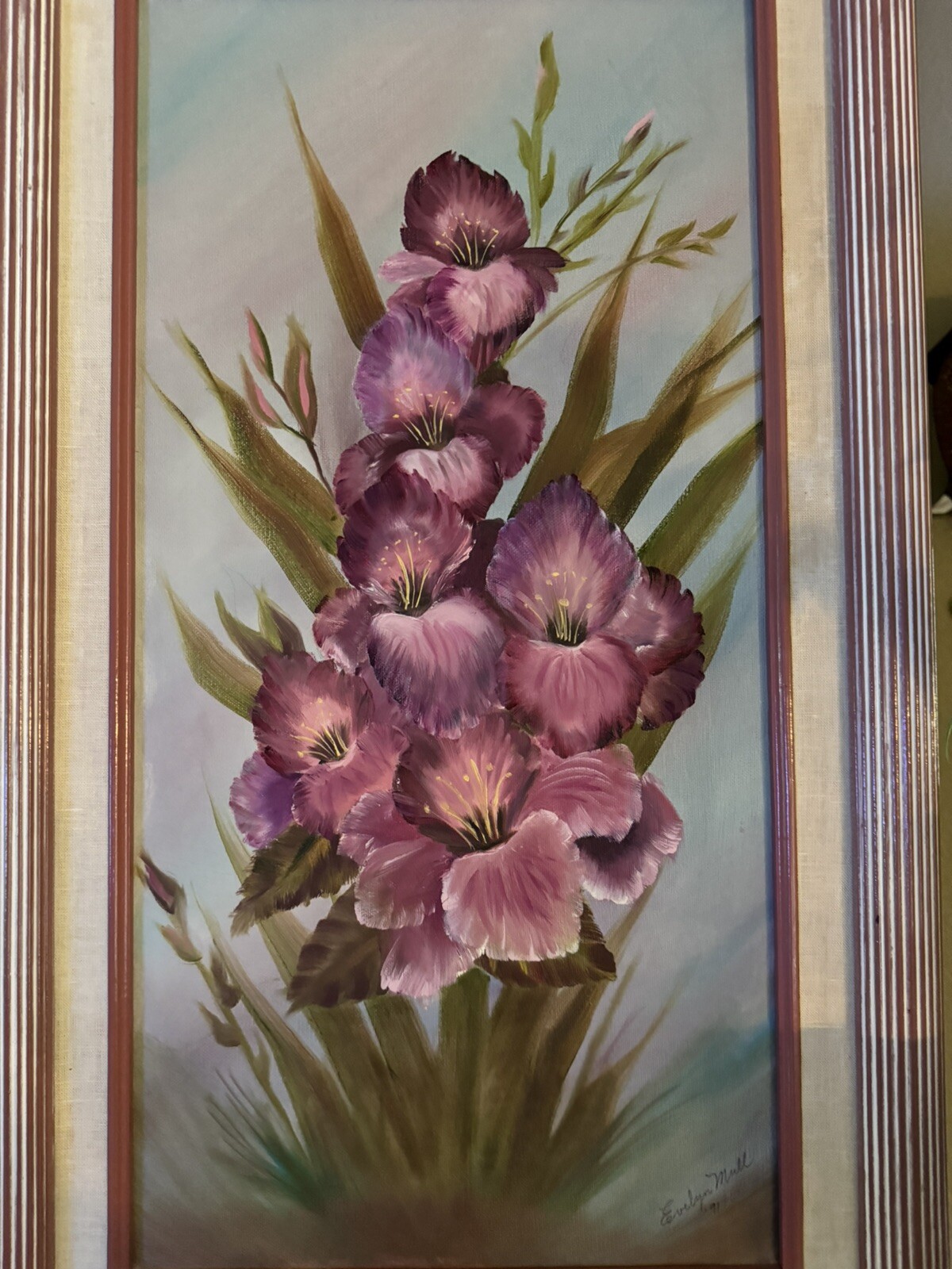 Evelyn Mull of Idaho 1991 Oil Painting GLADIOLUS in Purple Framed 29×17 inch