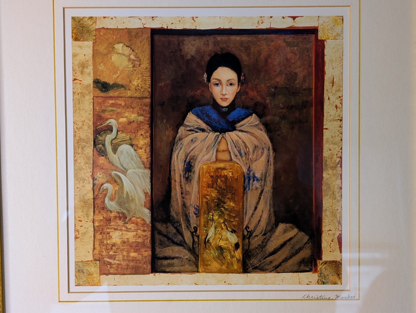 Christine Mosher Signed Offset Lithograph – Scene with Geisha – Asian Still Life