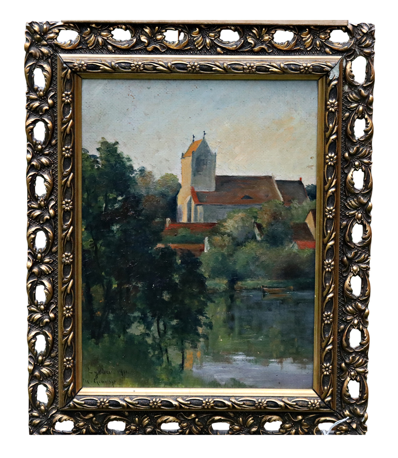 M. George Oil on Canvas Signed 1911 View of Lychen Framed Painting