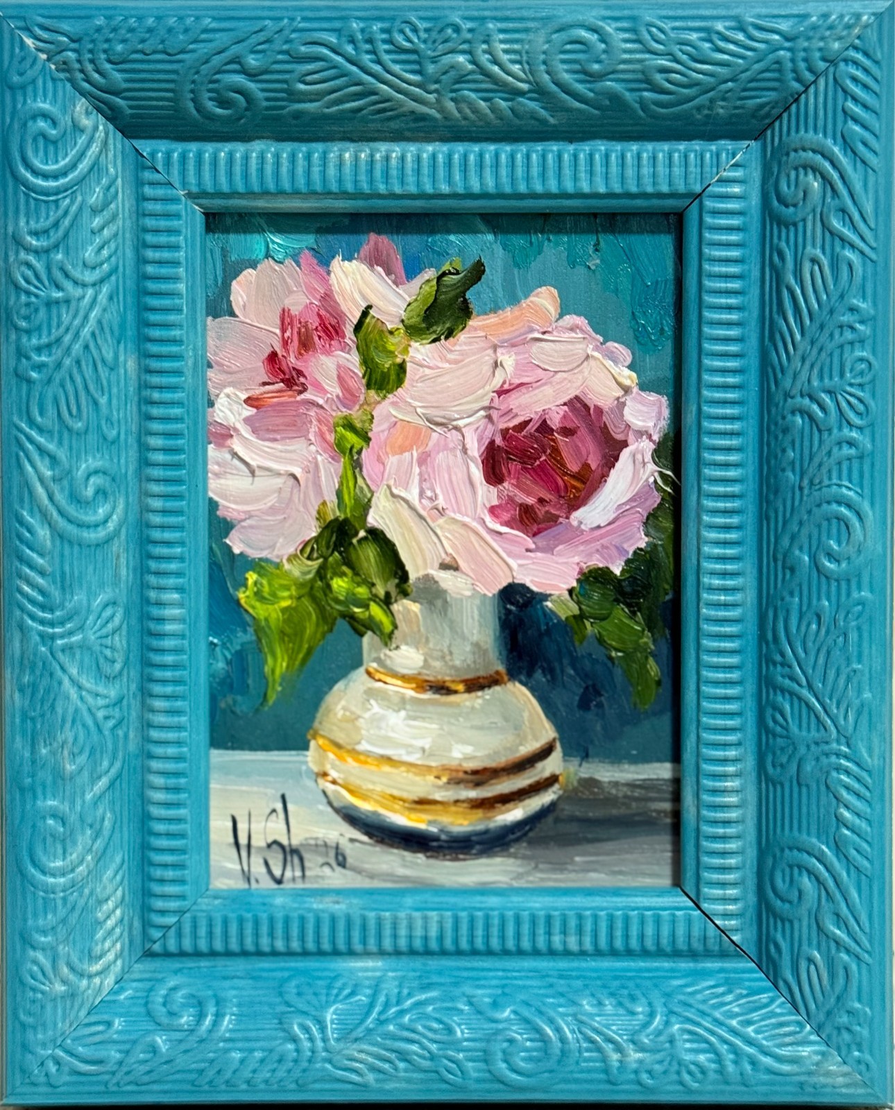 Original Oil Painting Pink Peonies Flowers Still life Vase Art Framed 4×5 in