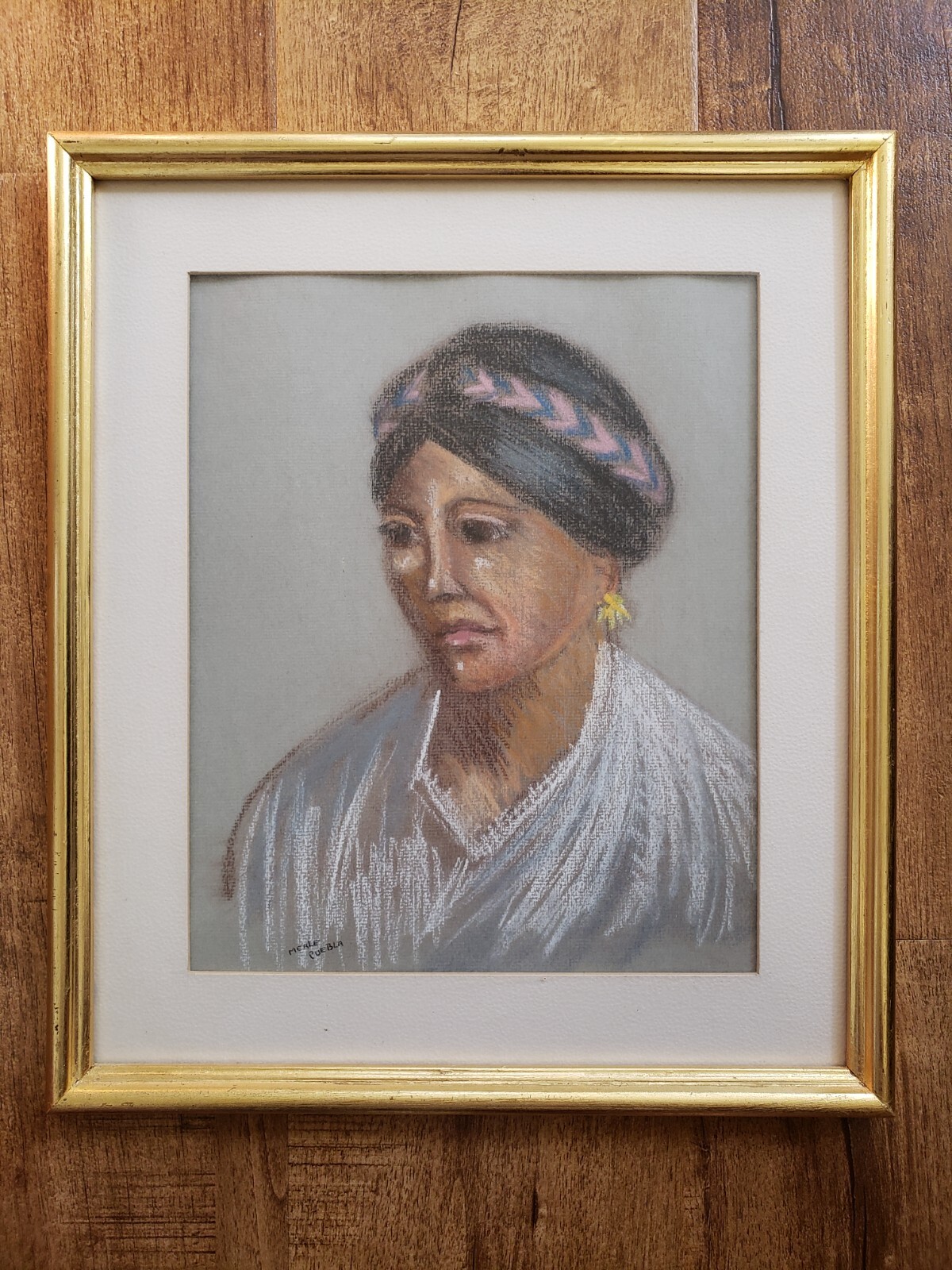 VTG Mexican Folk Art Mujer De Puebla Pastel Portrait SIGNED by Merle 12.5 x 14.5