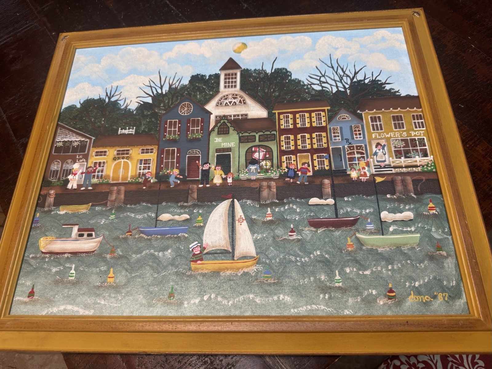 Dona Douma “ Sailing Thru Seabury” Folkart Oil Painting, Signed ‘87