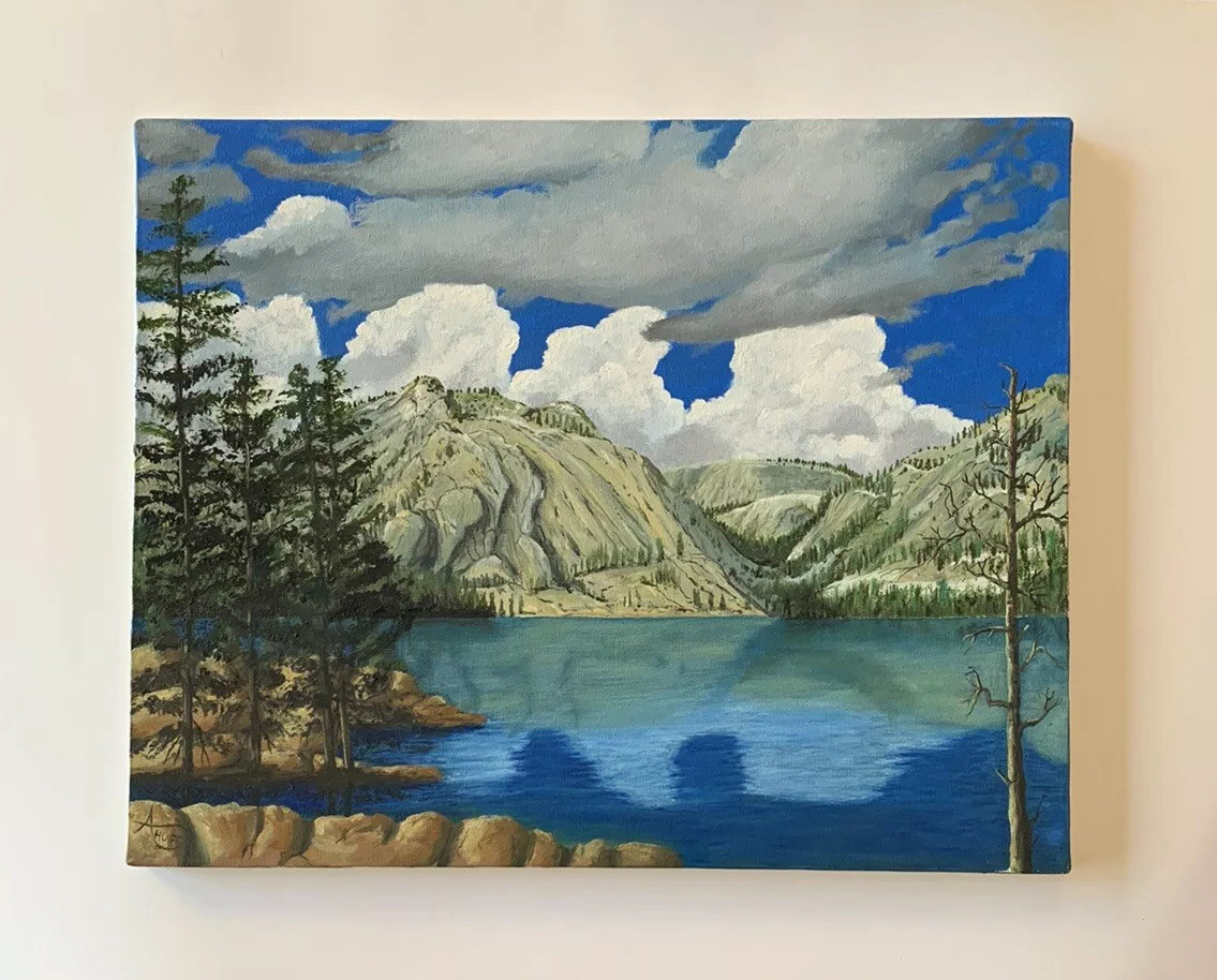 Painting Landscape Mountain Lake Clouds Original By A. Huff Oil Or Acrylic
