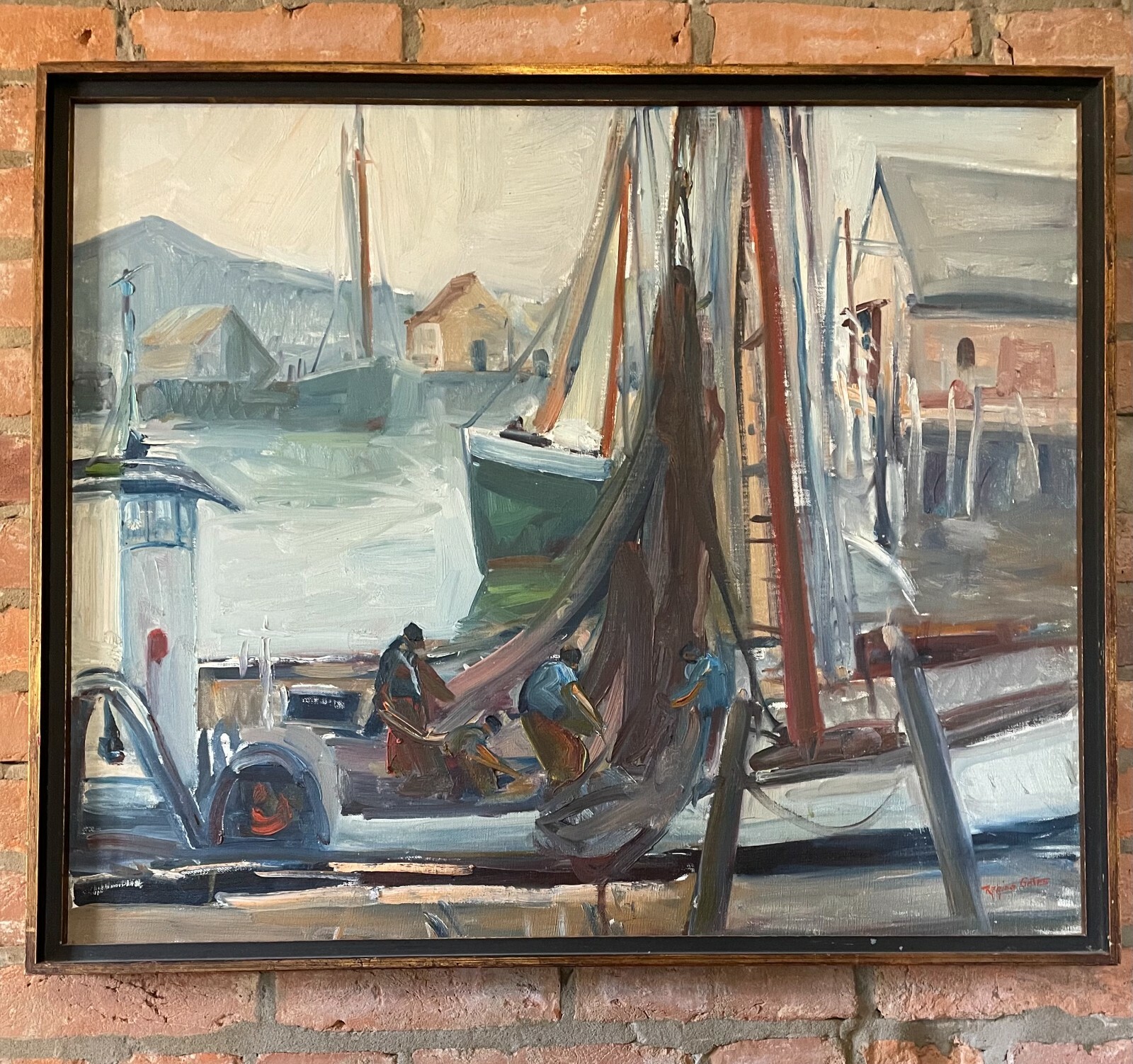 Regina Gates Signed Mid Century Modern Painting «At Work on the Nets» 32″ x 26″