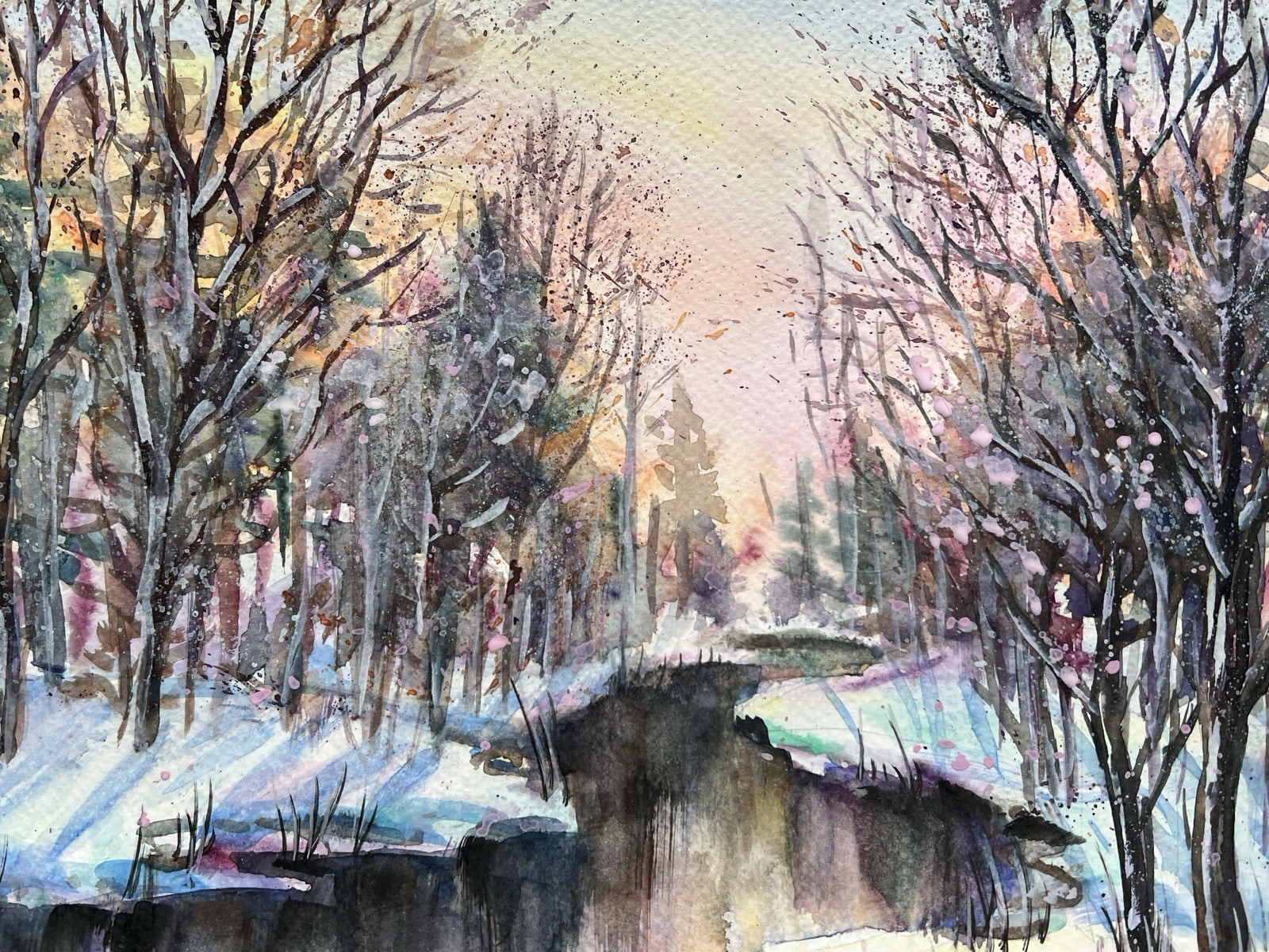 Hand Painted Winter Forest Landscape Watercolor Painting 11×14 Wall Art