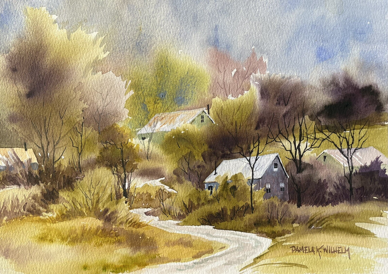10×10 Original Watercolor Pamela Wilhelm Houses In Morning Light On Edge Of Town